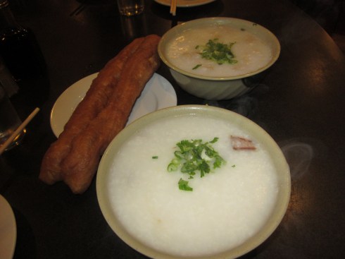 Congee and a crulller.